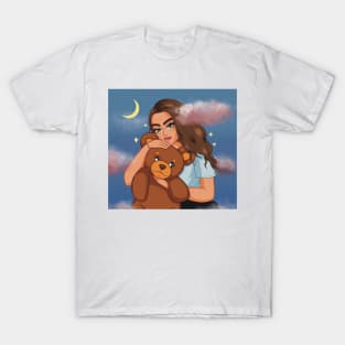 portrait girl holding a teddy bear in the clouds illustration aesthetic T-Shirt
